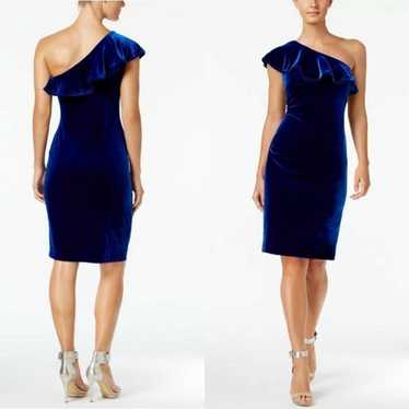 Calvin Klein Velvet One Shoulder Ruffle Dress Blu… - image 1