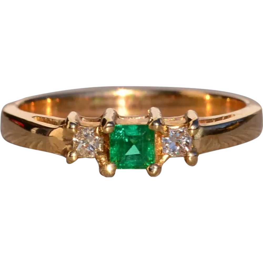 Natural Emerald and Diamond Three Stone Ring in Y… - image 1