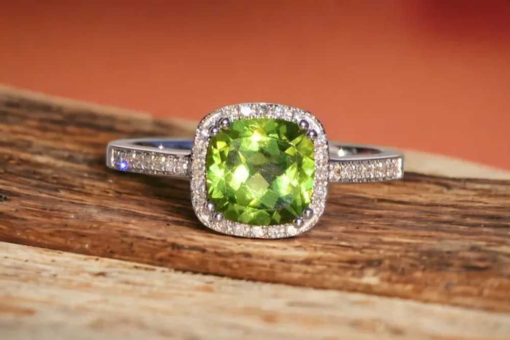 Cushion Shaped Peridot and Natural Diamond Halo R… - image 10