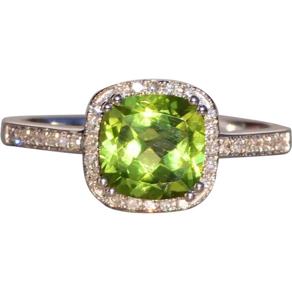 Cushion Shaped Peridot and Natural Diamond Halo R… - image 1