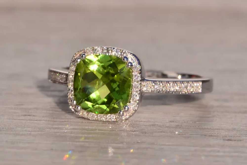 Cushion Shaped Peridot and Natural Diamond Halo R… - image 6