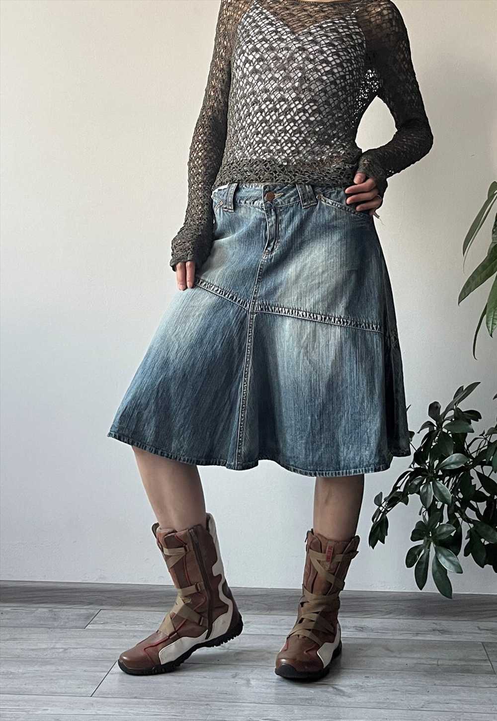 Vintage Y2K 00's Blue Denim Washed Flared Midi Sk… - image 2