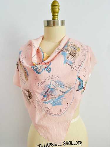 Vintage pink novelty souvenir print scarf