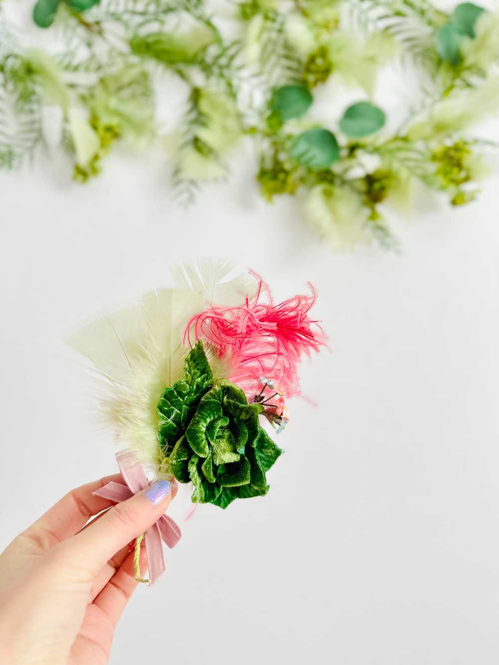 Vintage green velvet millinery corsage - image 4