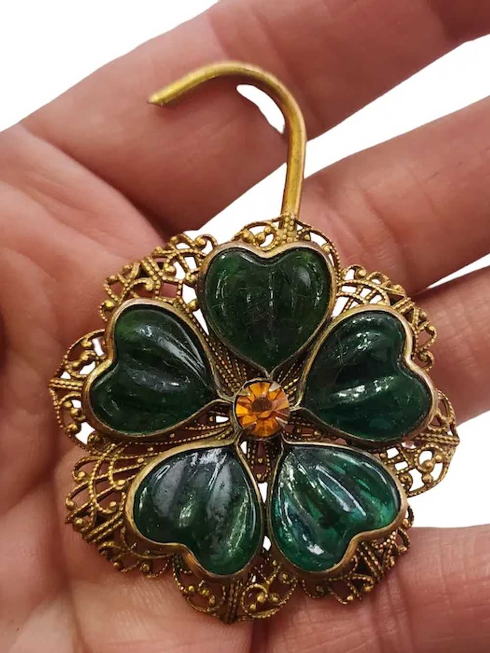 Vintage Poured Glass 5 Leaf Clover Brooch (A3927) - image 2