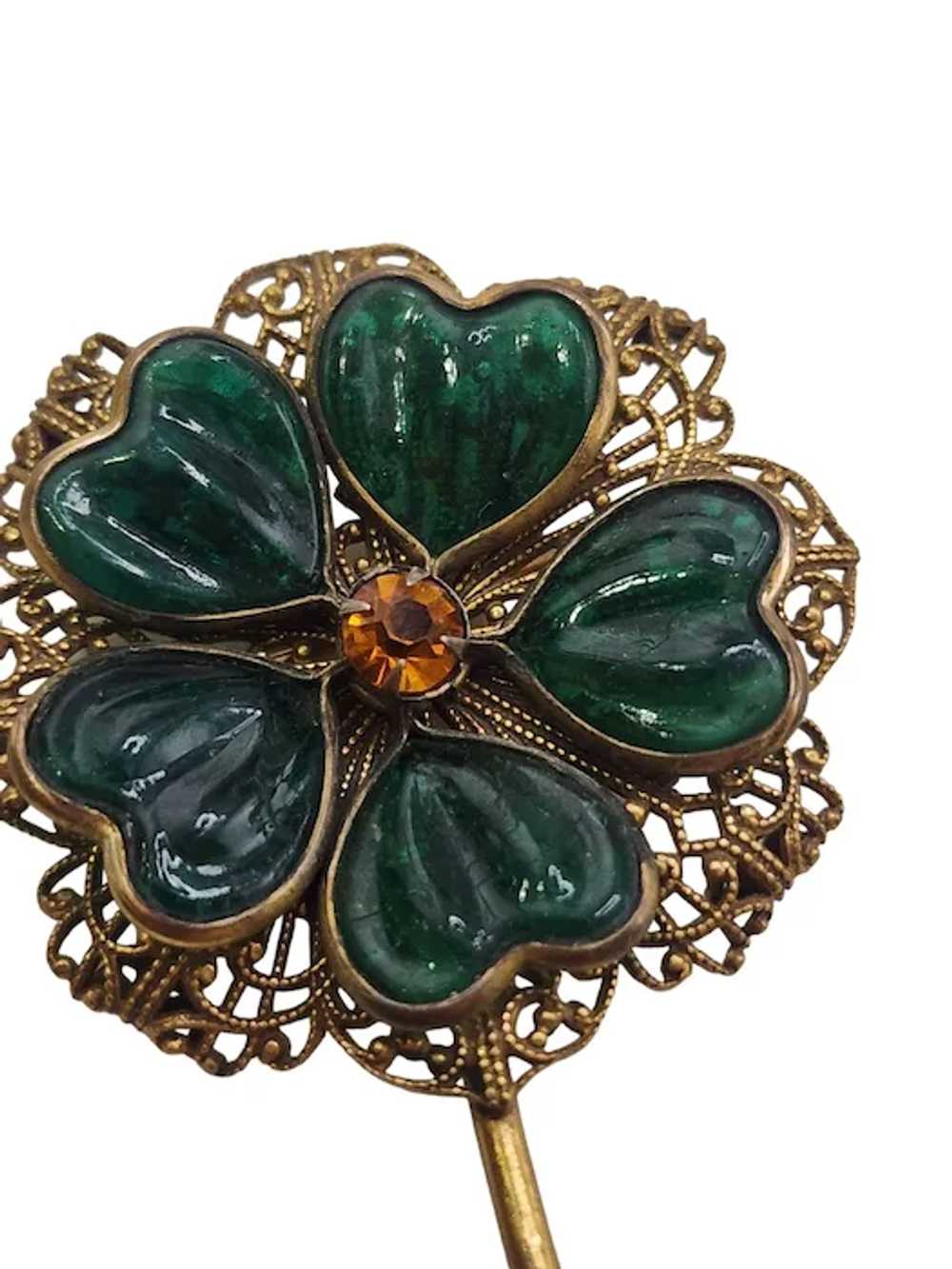 Vintage Poured Glass 5 Leaf Clover Brooch (A3927) - image 4