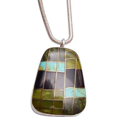 Southwestern Sterling and Stone Inlay Pendant Nec… - image 1