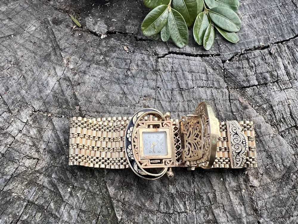 14K Yellow Gold Retro Buckle Bracelet Watch - image 4