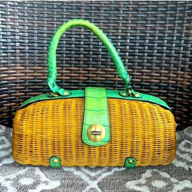 Monsac Woven Rattan Straw and Leather Bag