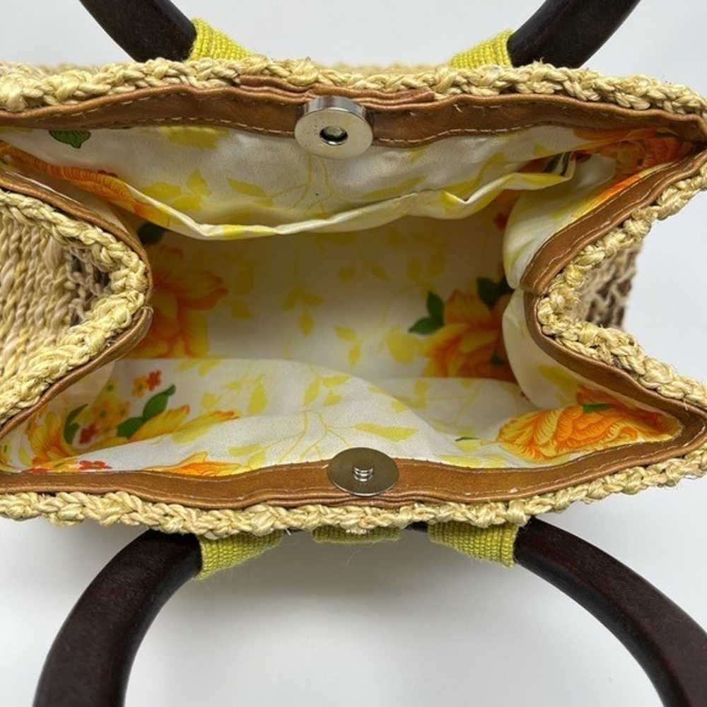 Vintage raffia jeweled lined round wood handle pu… - image 3