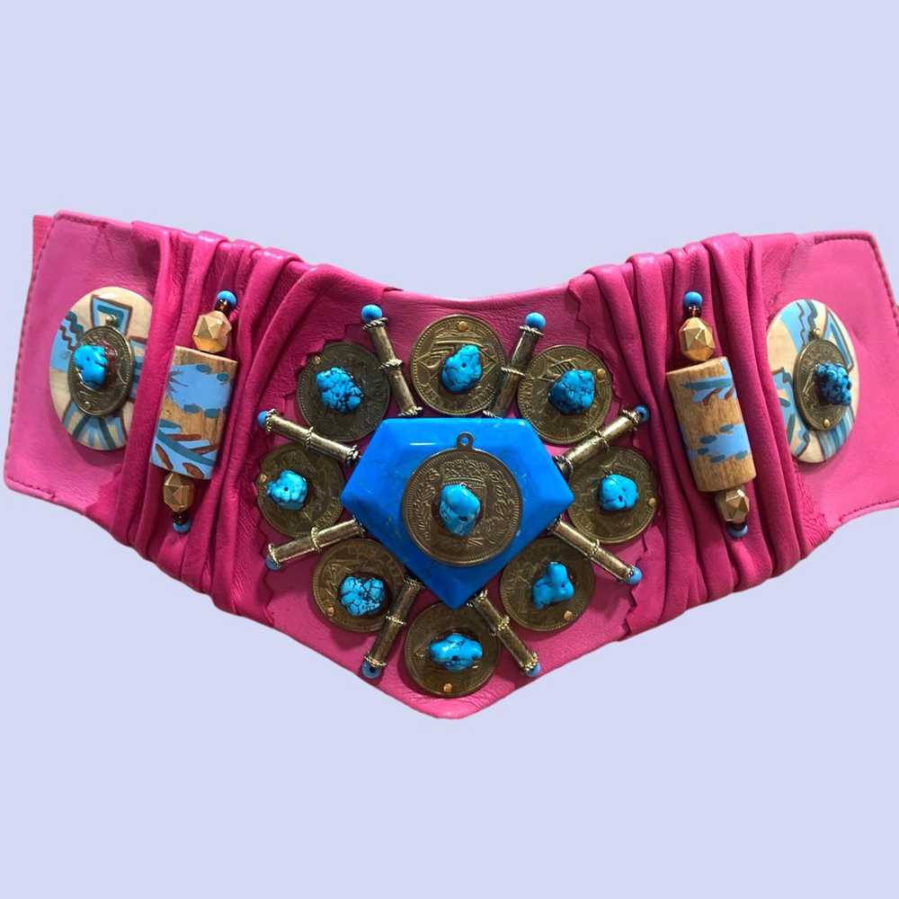 90s Super Wide Pink Leather Belt w Turquoise & Co… - image 1