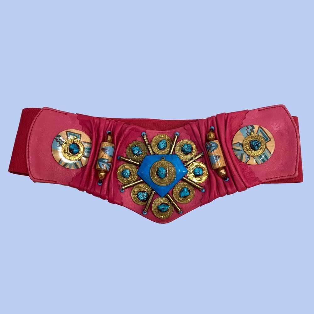 90s Super Wide Pink Leather Belt w Turquoise & Co… - image 2