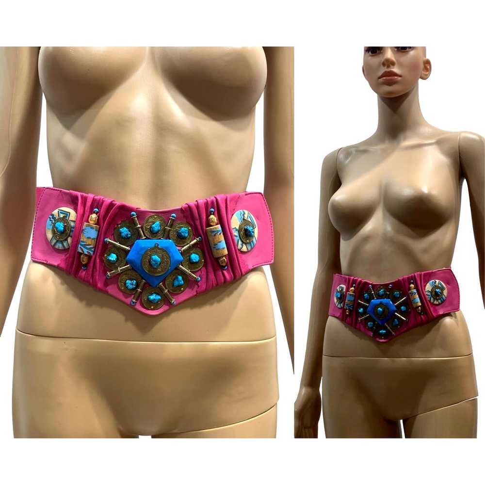 90s Super Wide Pink Leather Belt w Turquoise & Co… - image 3
