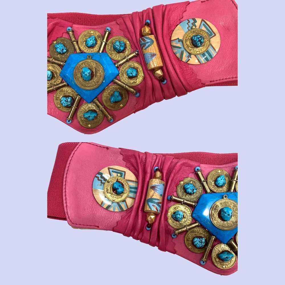 90s Super Wide Pink Leather Belt w Turquoise & Co… - image 5