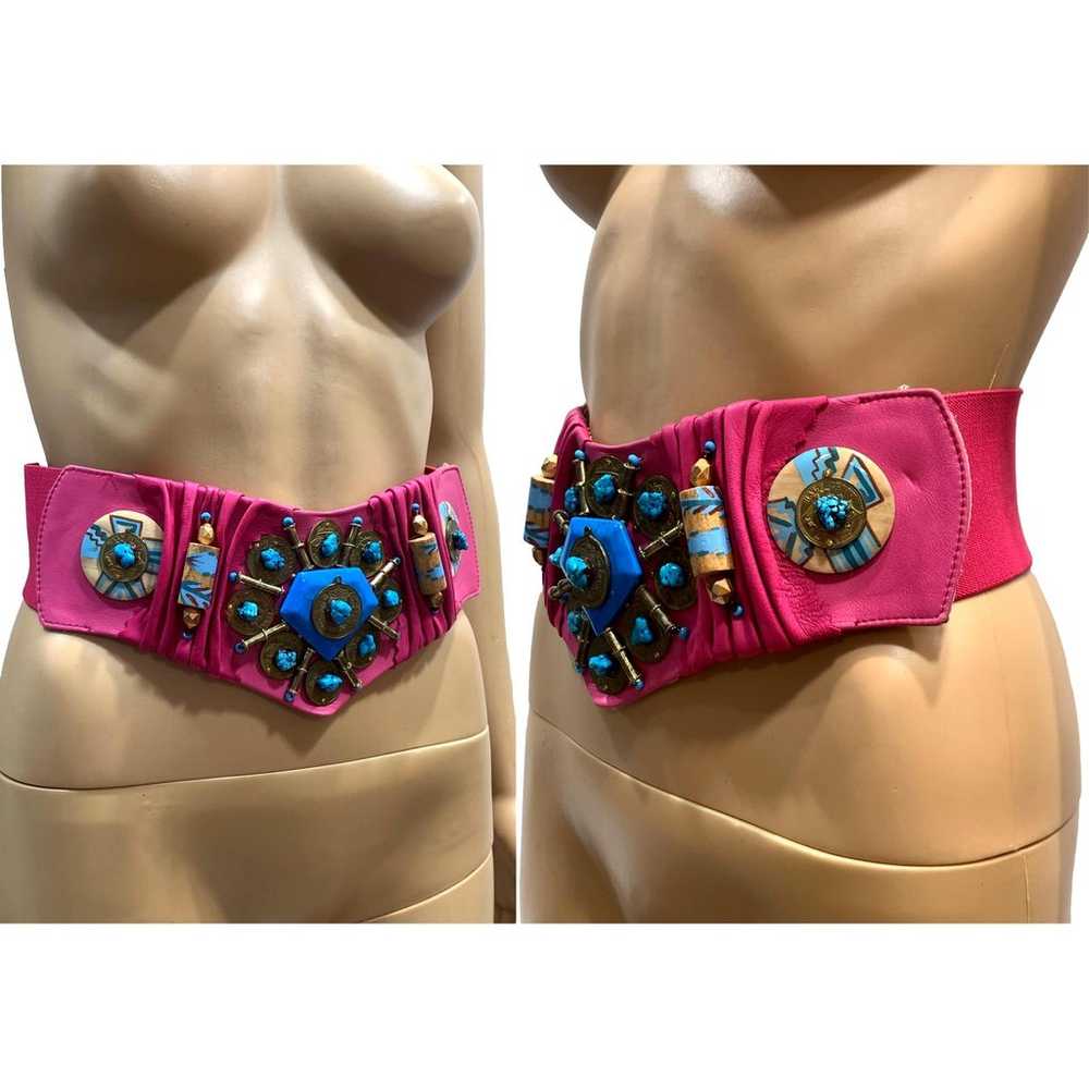 90s Super Wide Pink Leather Belt w Turquoise & Co… - image 6