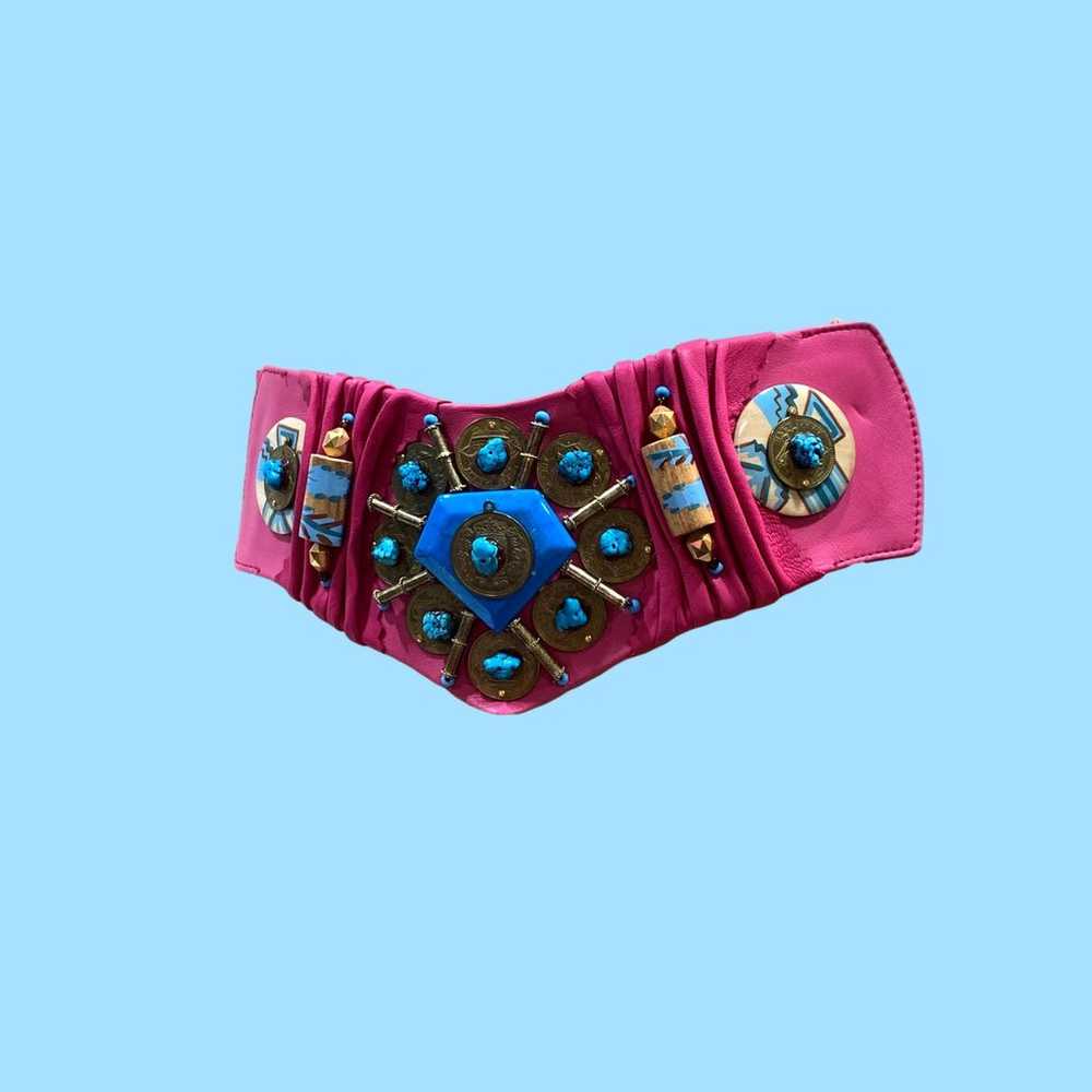 90s Super Wide Pink Leather Belt w Turquoise & Co… - image 8