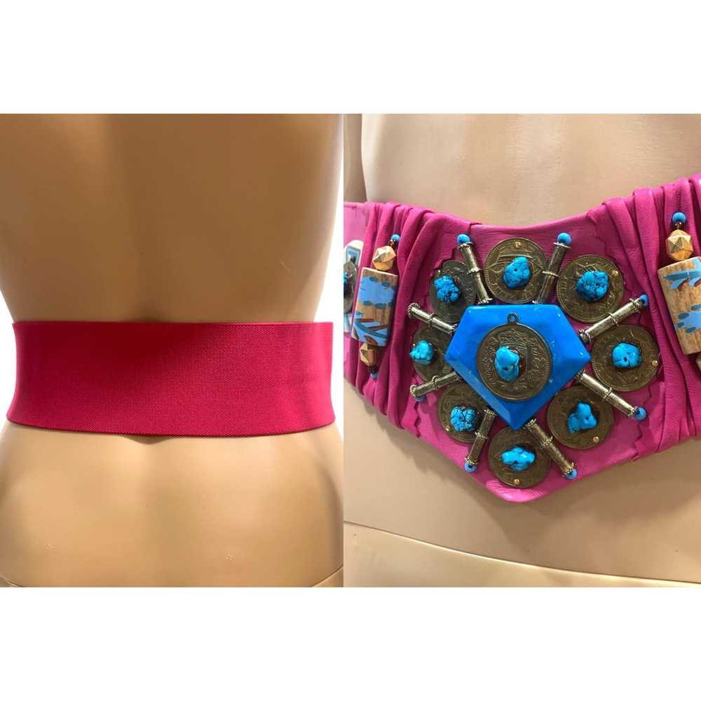 90s Super Wide Pink Leather Belt w Turquoise & Co… - image 9
