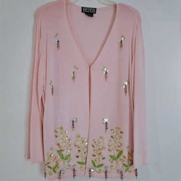 XL Vintage 90s Berek Pink Floral Beaded Cardigan - image 1
