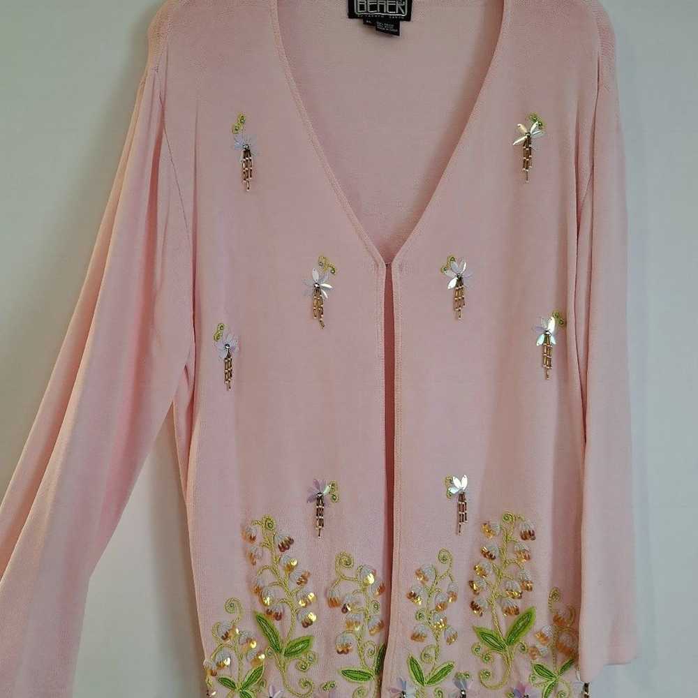 XL Vintage 90s Berek Pink Floral Beaded Cardigan - image 2