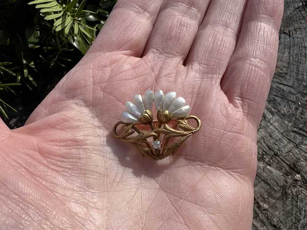 Art Nouveau Gold and Fresh Water Pearl Flower Bro… - image 6