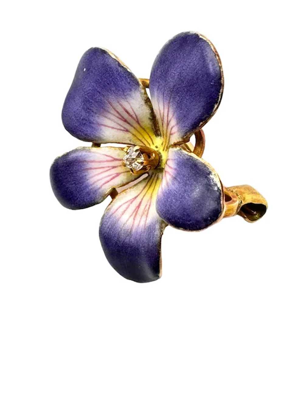 Antique 14k Gold Diamond Enamel Pansy Violet Pin … - image 2
