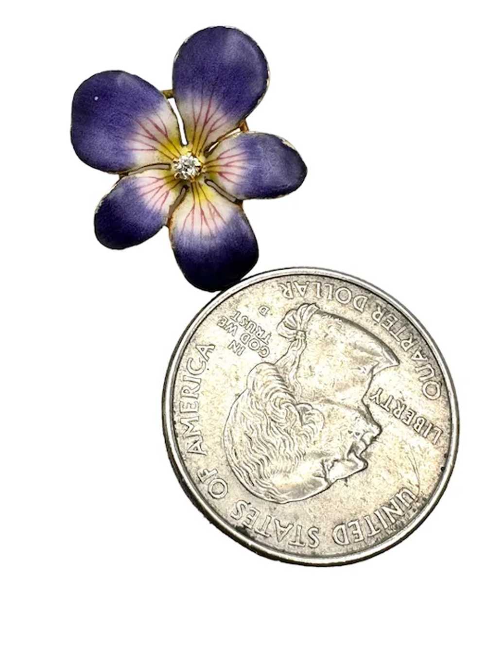 Antique 14k Gold Diamond Enamel Pansy Violet Pin … - image 3