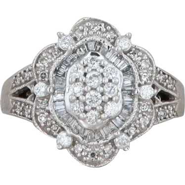 14k White Round and Baguette Cluster Diamond Ring - image 1