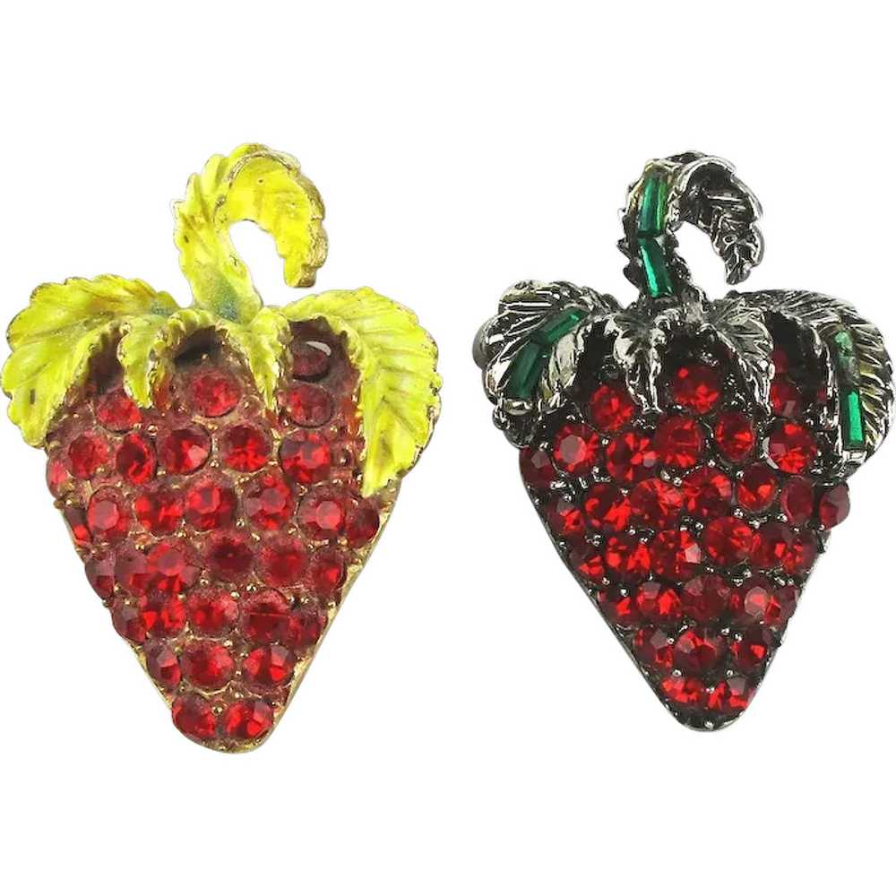 Vintage Pair PELL Strawberry Rhinestone Fruit Pin… - image 1