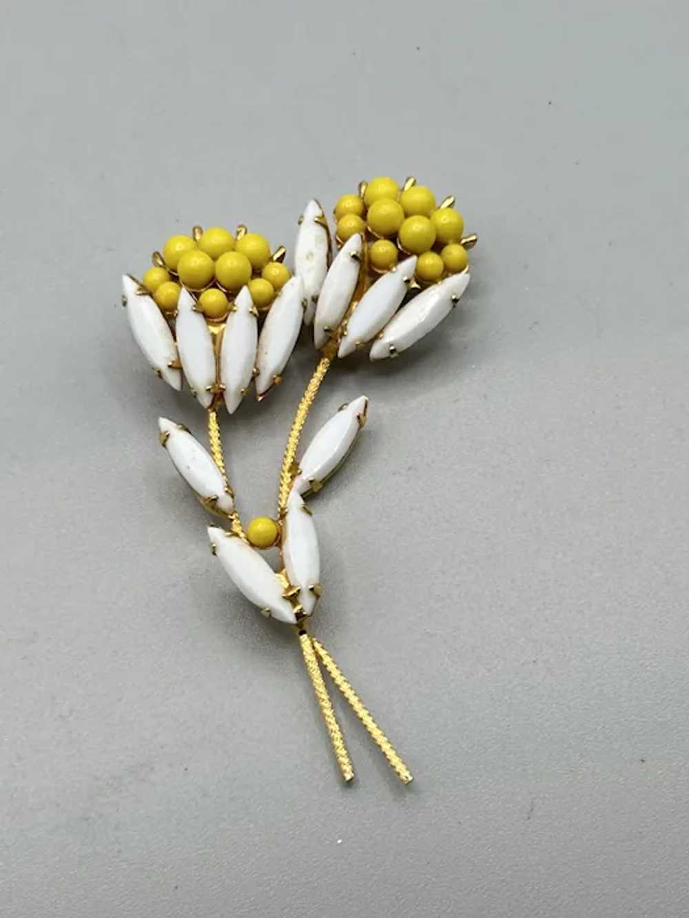 Vintage White & Yellow Floral Pin Brooch Rhinesto… - image 2