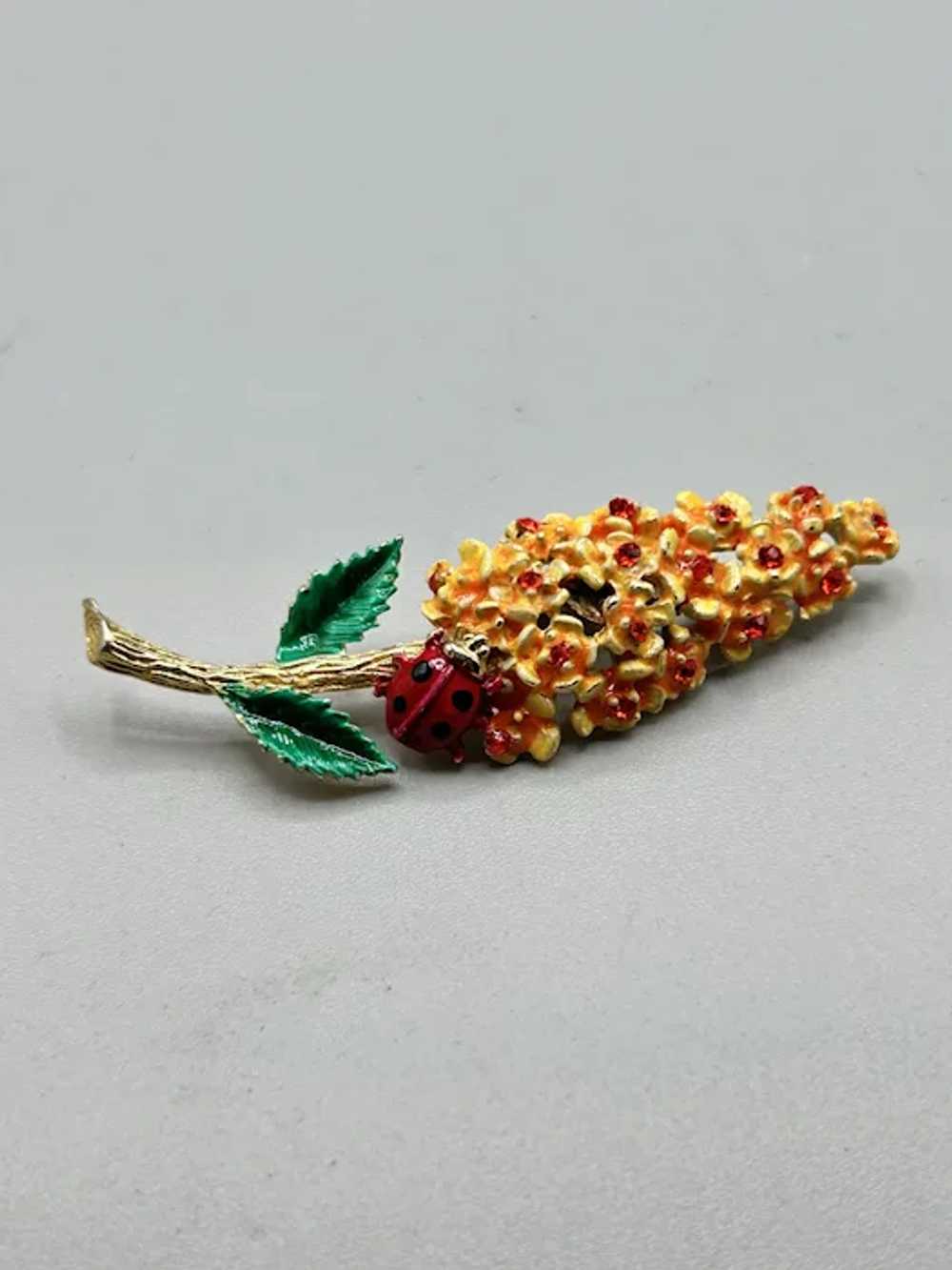 Vintage 70s Flower Pin Brooch with Ladybug Orange… - image 3