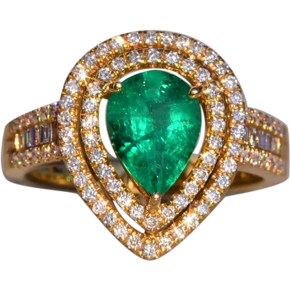 Pear Shaped Natural Emerald and Double Halo Diamo… - image 1