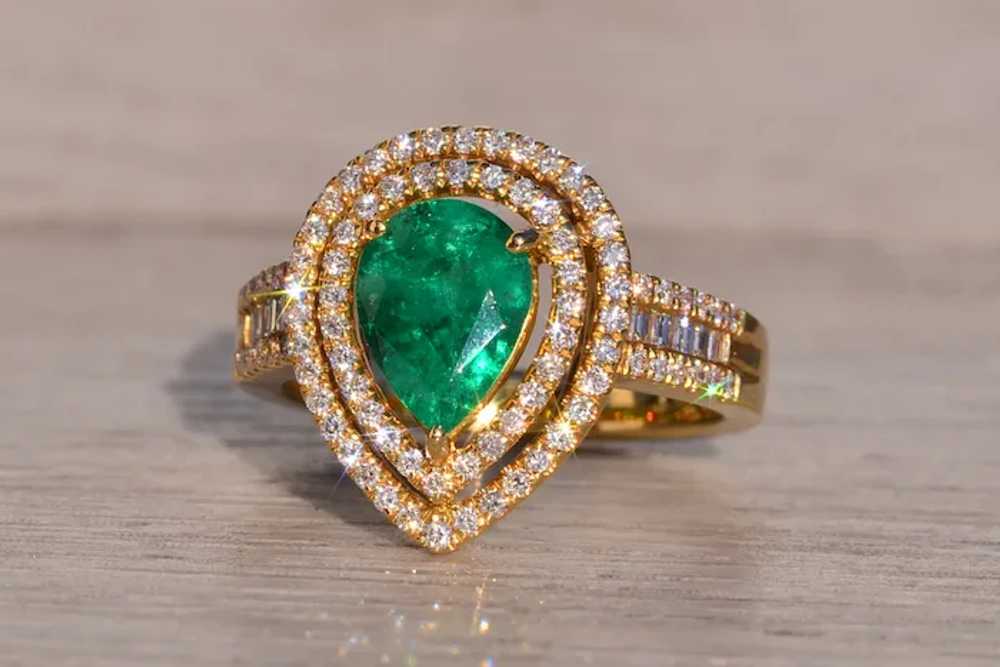 Pear Shaped Natural Emerald and Double Halo Diamo… - image 2