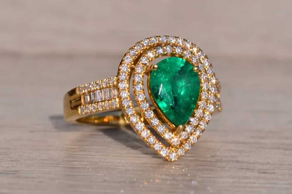 Pear Shaped Natural Emerald and Double Halo Diamo… - image 5