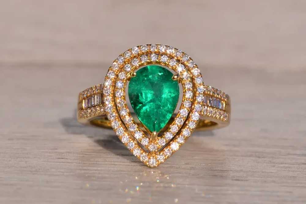 Pear Shaped Natural Emerald and Double Halo Diamo… - image 6