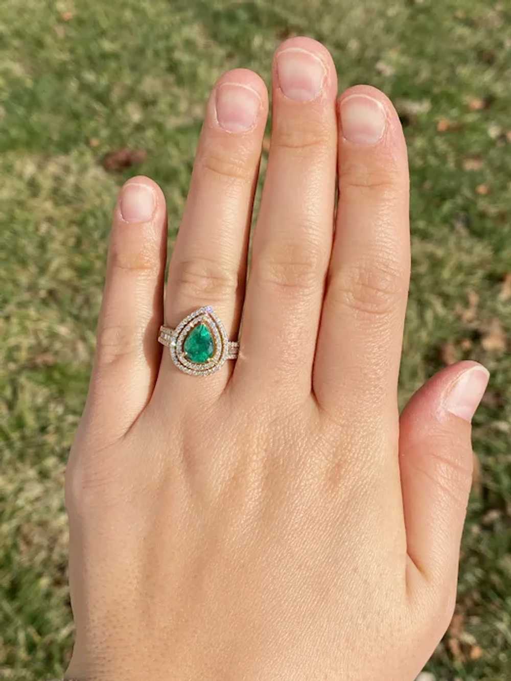 Pear Shaped Natural Emerald and Double Halo Diamo… - image 7