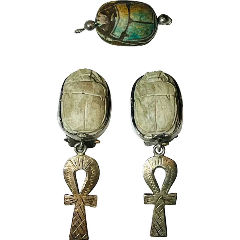 Vintage Hand carved Scarab Sterling Silver Earrin… - image 1