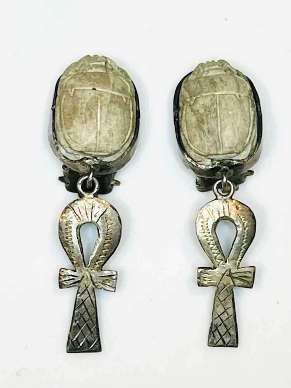 Vintage Hand carved Scarab Sterling Silver Earrin… - image 2
