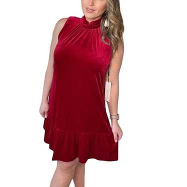Calvin Klein Red Velvet Mock Neck Dress Tiered Ru… - image 1