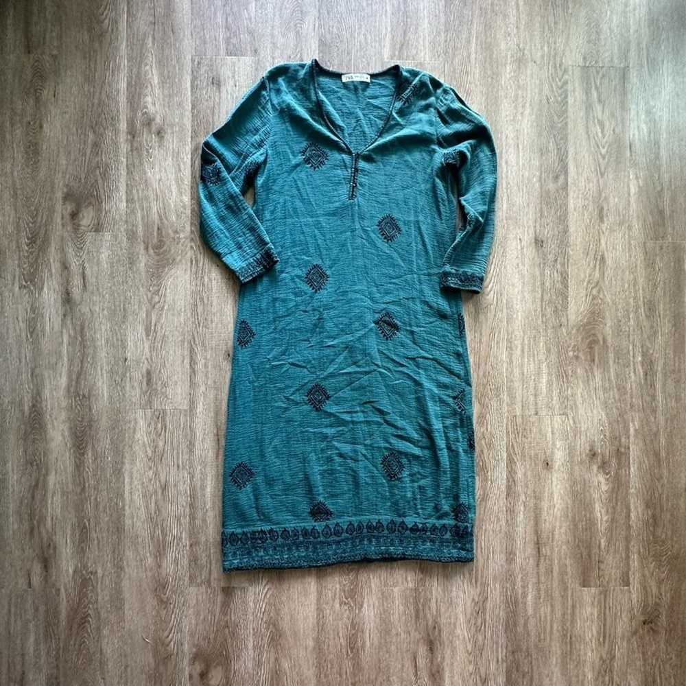 Zara Teal Printed Midi Dress - image 1