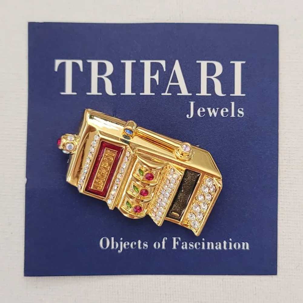 Trifari Gold Tone AB Clear, Red Rhinestone Enamel… - image 9