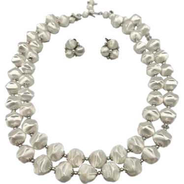 1950s Japan White Satin Bead Necklace and Earring… - image 1