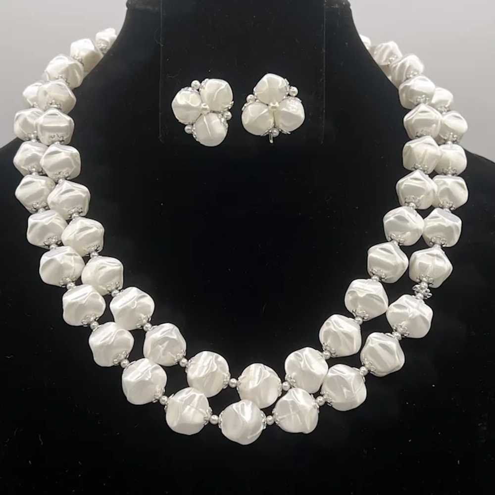 1950s Japan White Satin Bead Necklace and Earring… - image 2