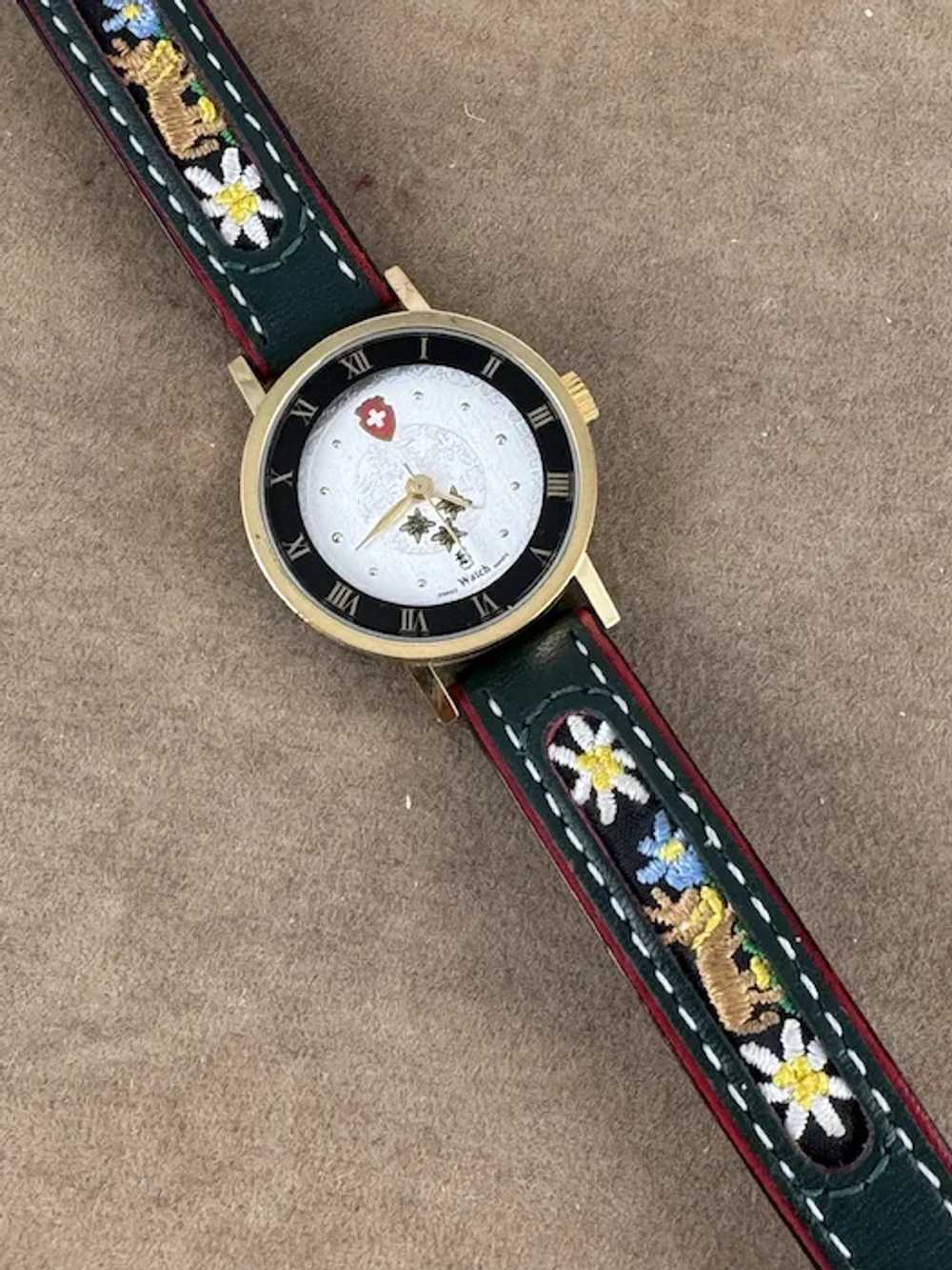 Vintage Swiss watch with adjustable embroider Lea… - image 5