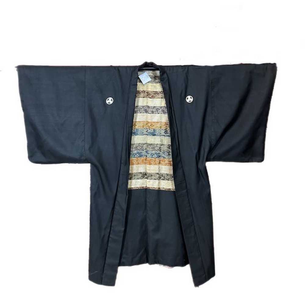 1980s Black Silk Kimono Robe Gold Detailing - image 1