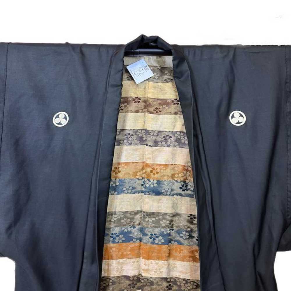 1980s Black Silk Kimono Robe Gold Detailing - image 2