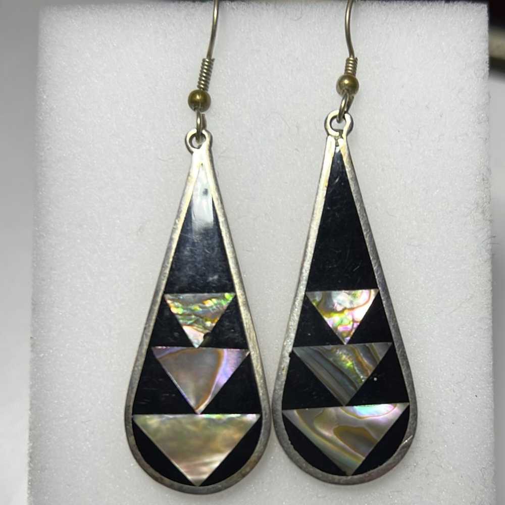 Vintage Silver Black Onyx Abalone inlaid Teardrop… - image 1