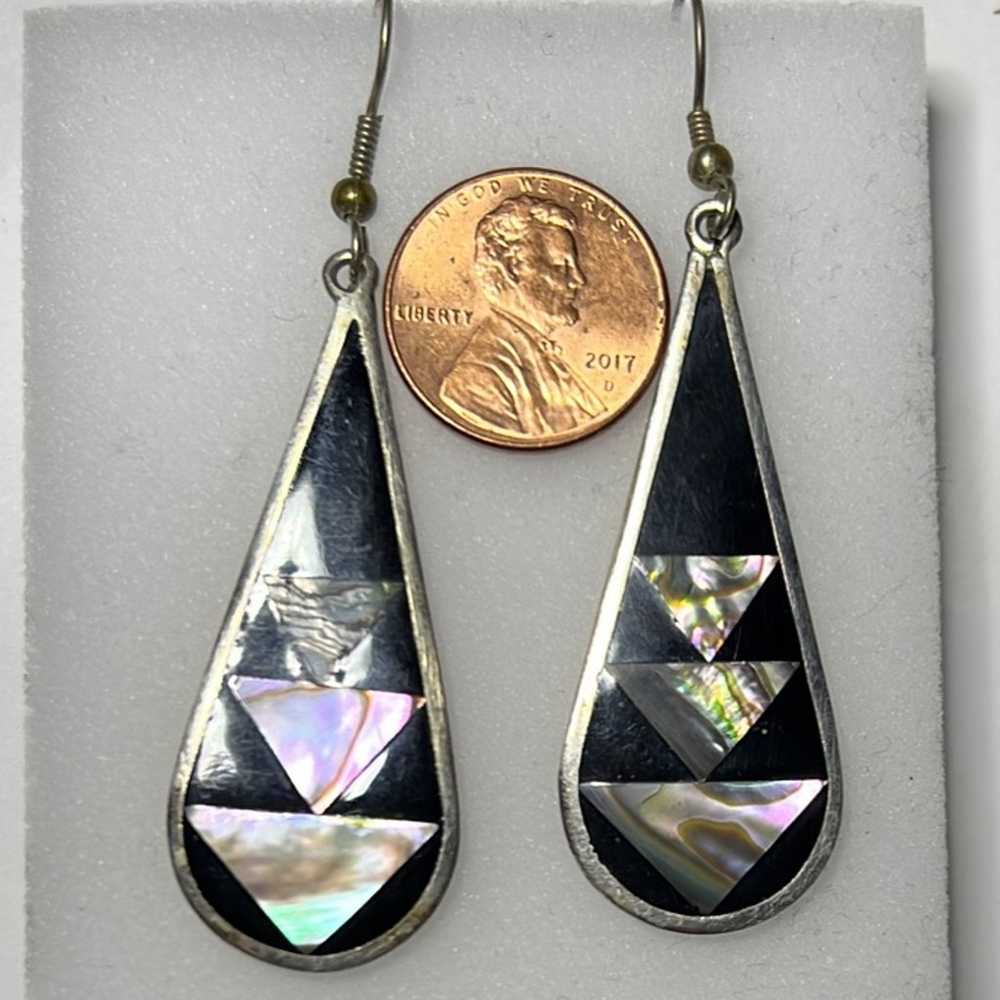 Vintage Silver Black Onyx Abalone inlaid Teardrop… - image 2