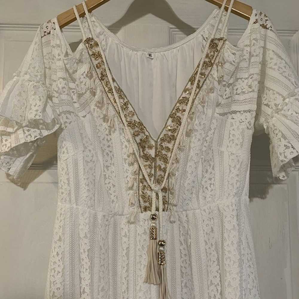 Boho Bohemian White Lace Crochet Tassel Tier Gold… - image 2