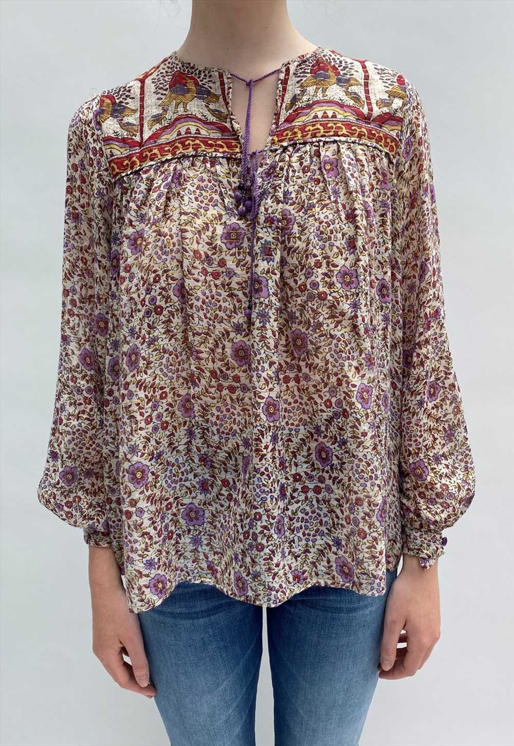 70's Indian Cotton Peacock Print Blouse Gold Lure… - image 2