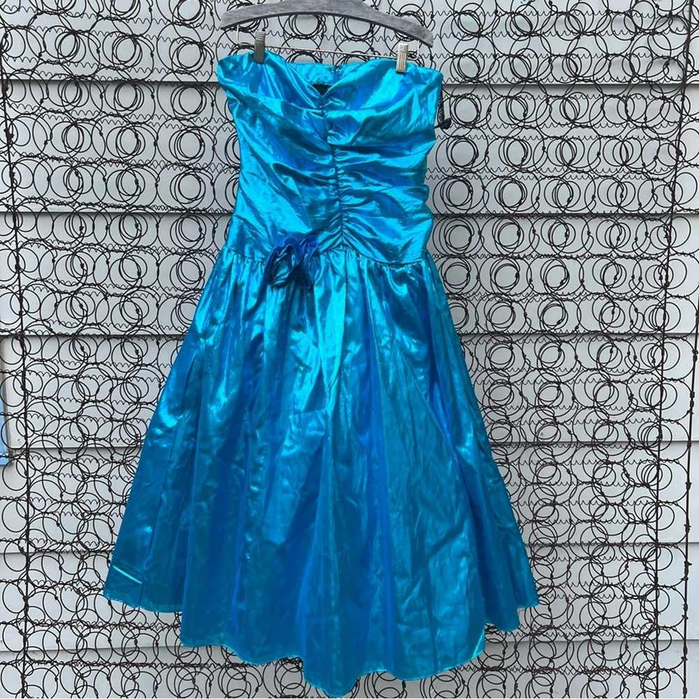 Vintage 80s blue metallic ruched bodice strapless… - image 1